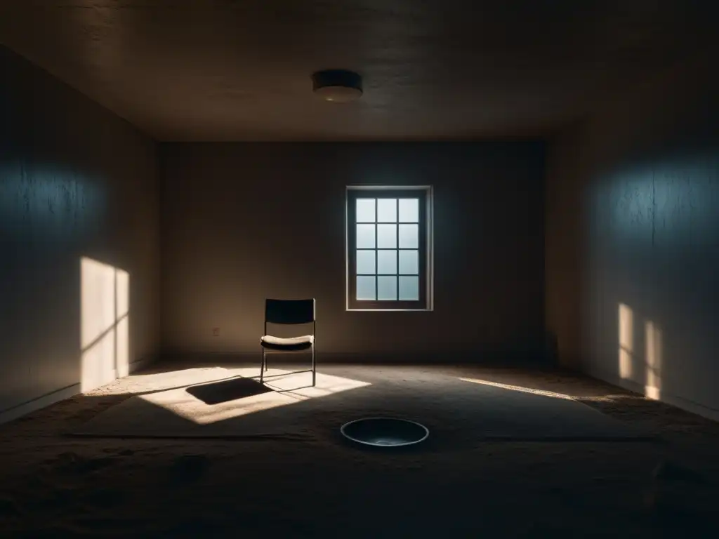 Silla solitaria en habitación sombría: imagen inquietante Un solitario cuarto sombrío con una silla en el centro, proyectando largas sombras