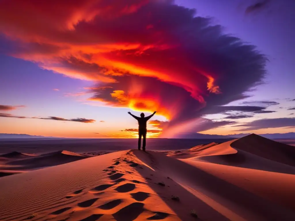 Un solitario personaje se recorta en contraluz contra un atardecer vibrante en el desierto, con ruinas antiguas al fondo