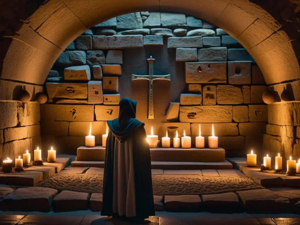 Misterioso ritual en cámara subterránea: culto prohibido Chamber subterránea con seguidores encapuchados en ritual de cultos prohibidos Inquisición
