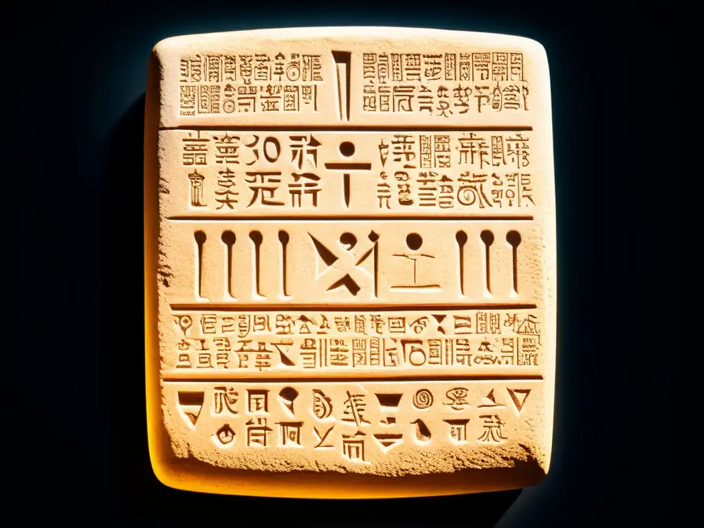 Una tableta de piedra antigua con símbolos enigmáticos, iluminada por una luz dramática