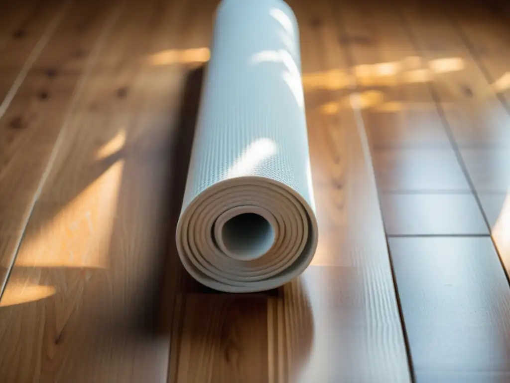 Un tapete de yoga blanco impecable sobre un piso de madera pulido