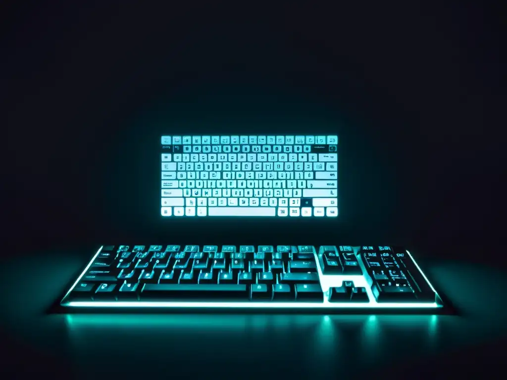 Secretos encriptados: Cultos en la dark web Un teclado y pantalla de computadora en penumbra con mensajes encriptados, evocando misterio y los cultos en la red oscura