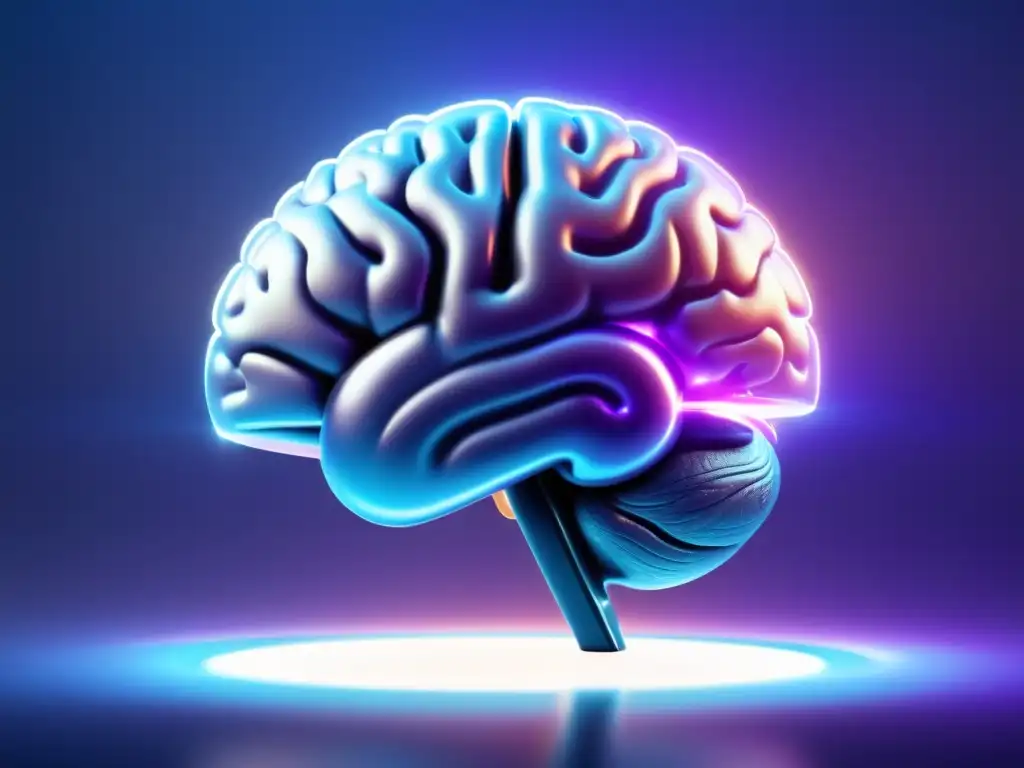 Brain digital: contemplación futurista en azul y morado Técnicas de lavado de cerebro digitales: cerebro humano en contenedor futurista, iluminado desde adentro, rodeado de información digital