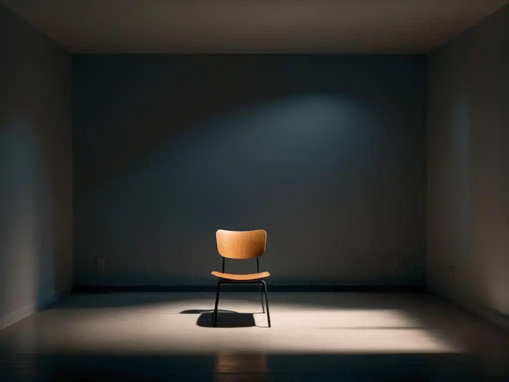 En la tenue luz de una habitación vacía, una silla solitaria rodeada de sombras inquietantes evoca un sentimiento de desasosiego y aislamiento