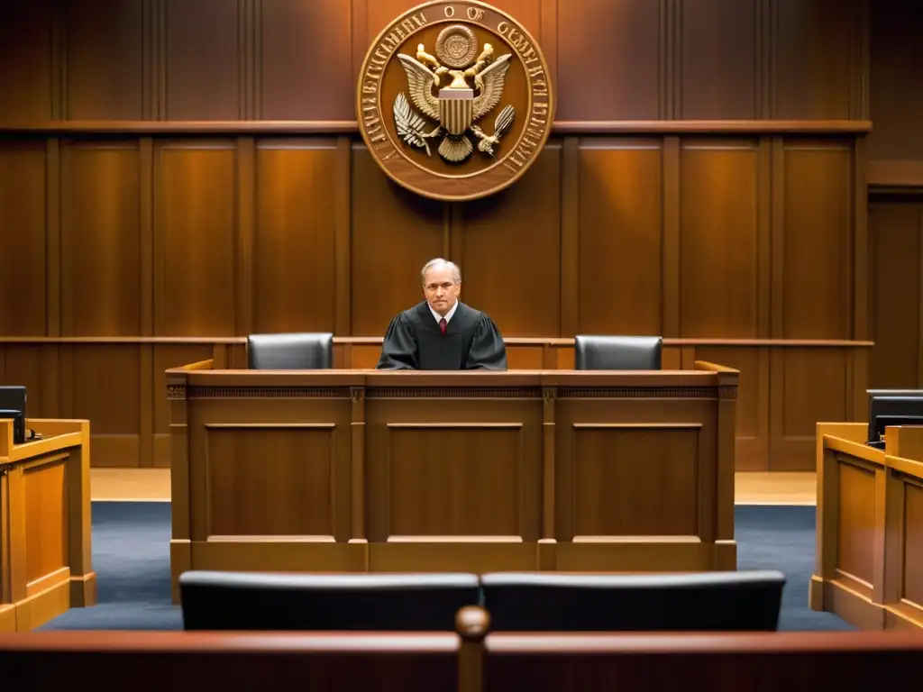 Testimonio en la Corte: El Poder del Silencio Preparación para testimonios en el juicio de líderes de sectas, escena solemne en la sala del tribunal vacía