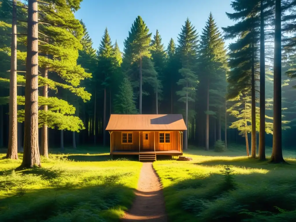 Un tranquilo claro en el bosque con una cabaña de madera iluminada, rodeada de árboles antiguos, ideal para retiros utilizados por cultos peligrosos