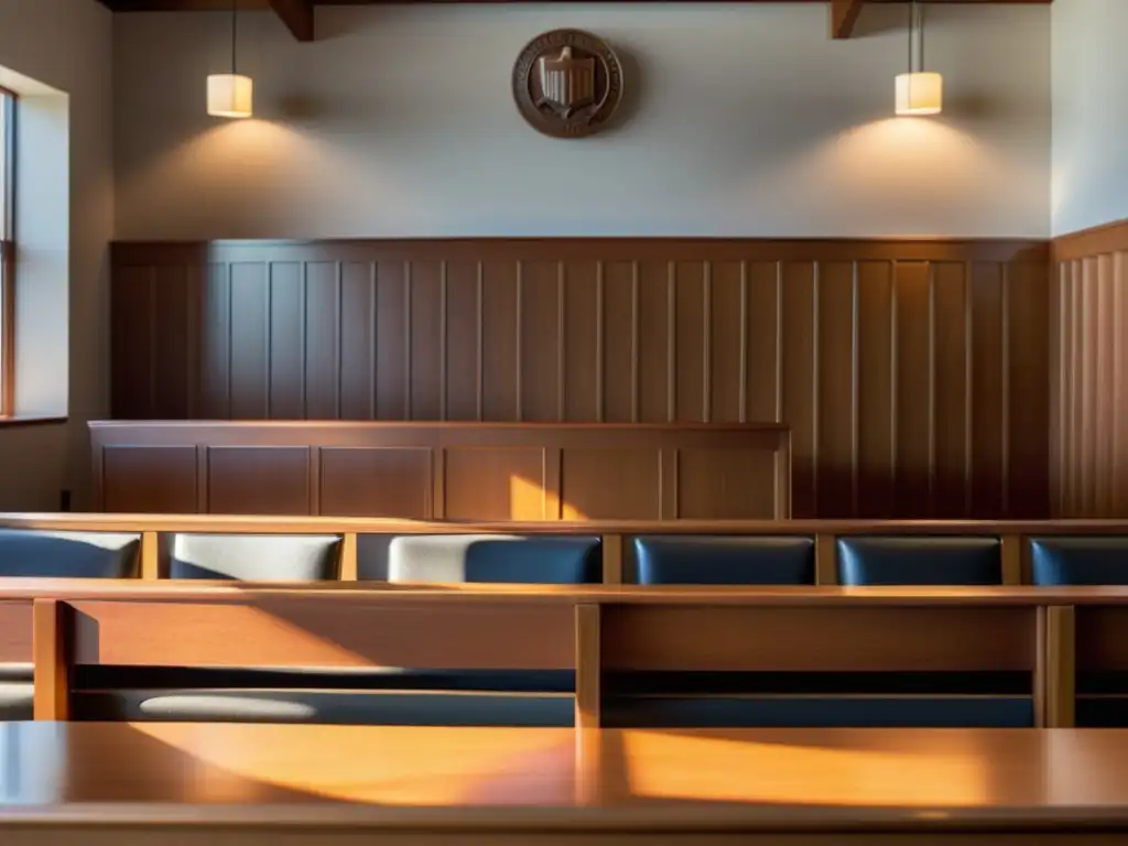 Un tribunal sereno con luz natural cálida iluminando bancos de madera pulida