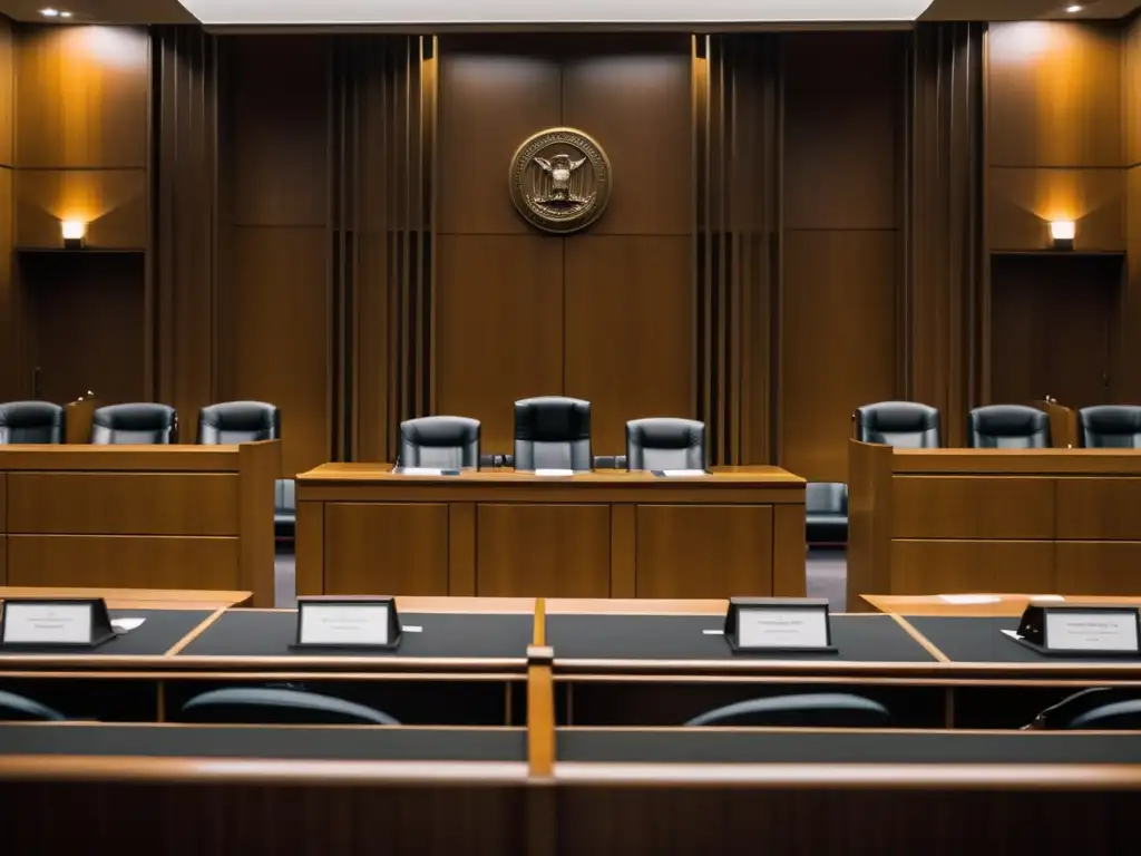 Sala judicial desafiada por sectas y cultos Un tribunal tenue con bancos vacíos evoca desafíos legales de sectas y cultos