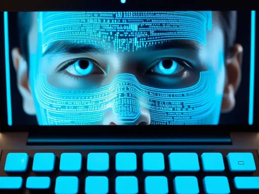 Usuario tecleando en pantalla de código con algoritmos de encriptación, desmantelando redes de cultos en línea con un suave brillo azul
