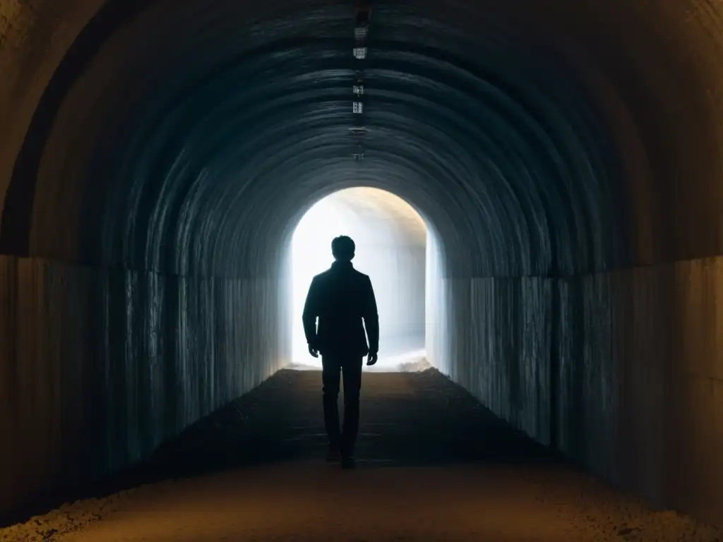 Travesía hacia la luz: superando la oscuridad Un valiente camina hacia la luz al final del túnel, simbolizando esperanza y superación