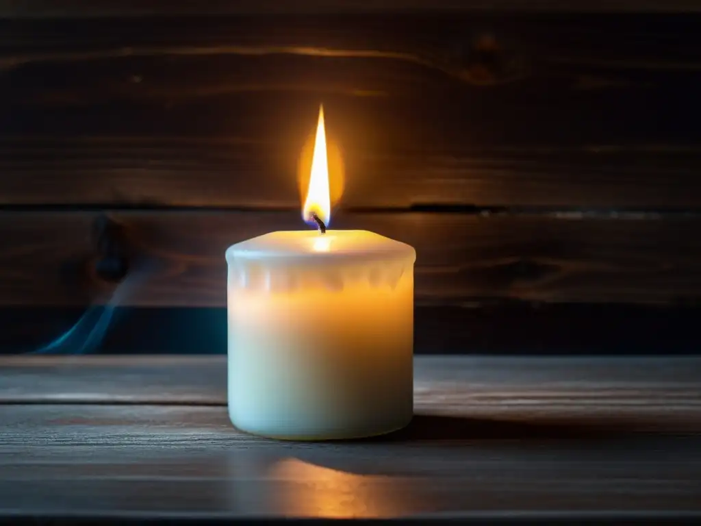 Vela encendida en madera oscura: apoyo emocional y prevención Vela encendida en superficie de madera oscura, emitiendo una suave luz cálida