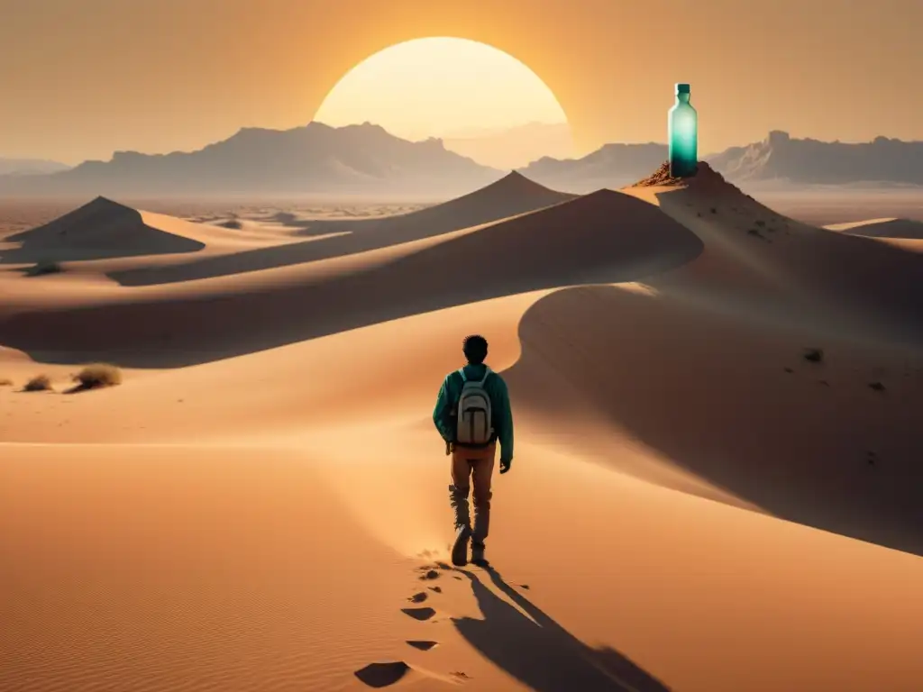 Figura solitaria en desierto, persiguiendo botella mágica Un viajero solitario camina hacia un espejismo de una botella gigante en un desierto