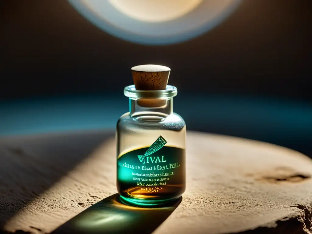 Vial antiguo iluminado: misterio y sabiduría Un vial antiguo y místico iluminado por una luz etérea, evocando manipulación psicológica en sectas