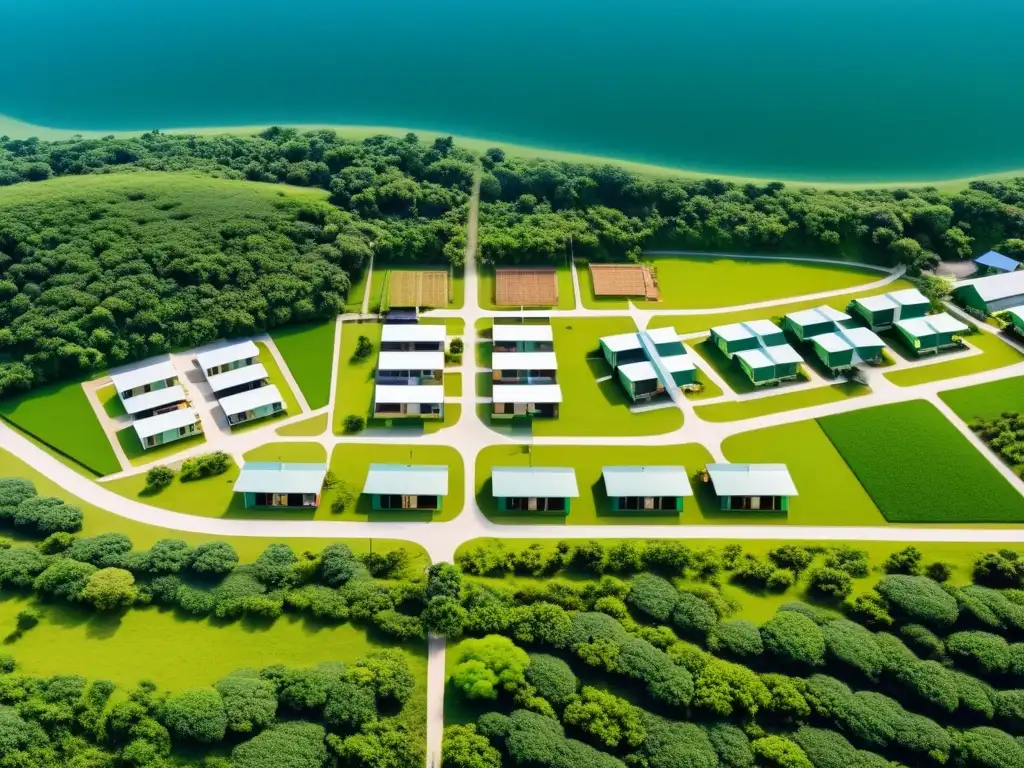 Plano arquitectónico de Jonestown: aislamiento y organización Vista detallada del diseño arquitectónico de la comunidad de Jonestown, mostrando la distribución de edificios, espacios comunales y áreas agrícolas