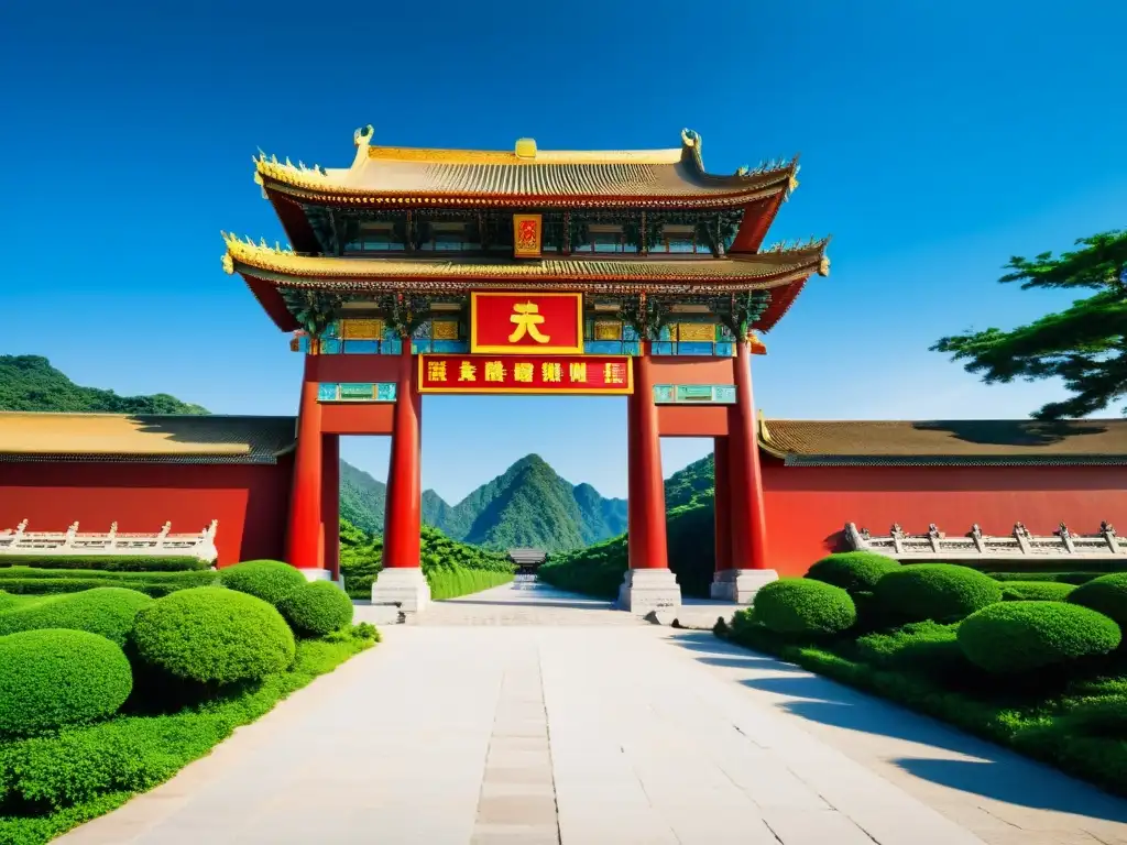 Entrada antigua del Templo de la Gente: símbolos y naturaleza Una vista detallada del Templo del Pueblo, con señales desgastadas y símbolos, rodeado de exuberante vegetación y cielo azul