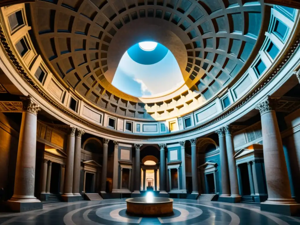 Vista interior del Panteón en Roma, con luz solar proyectando sombras dramáticas, destacando la comparación arquitectura sagrada cultos