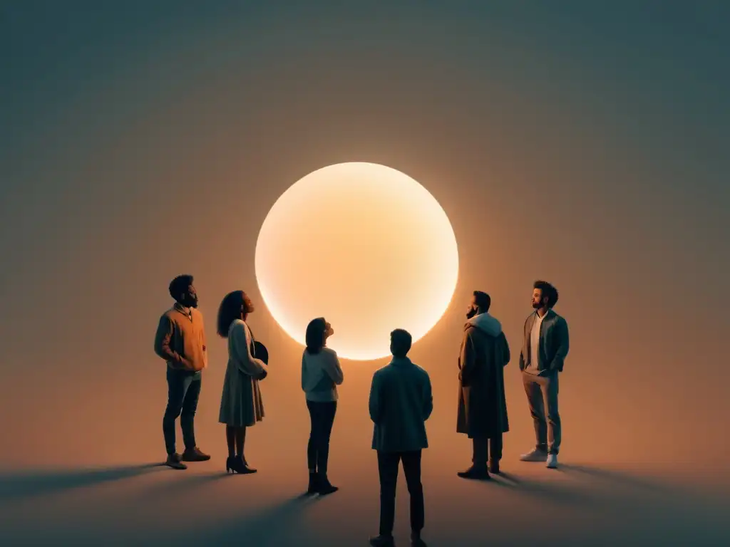 Carisma en culto: Líder con orbe iluminado Representación visual de manipulación psicológica en sectas: grupo de personas con un líder carismático sosteniendo un orbe brillante