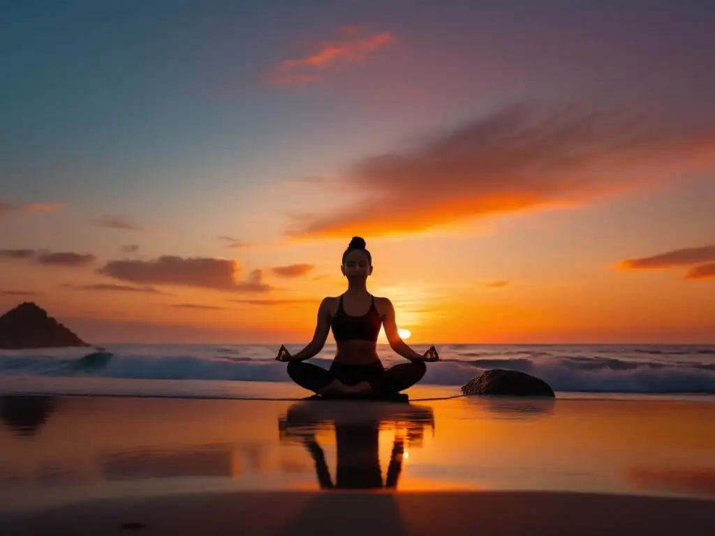 Práctica de yoga al atardecer en la playa, transmitiendo equilibrio y tranquilidad